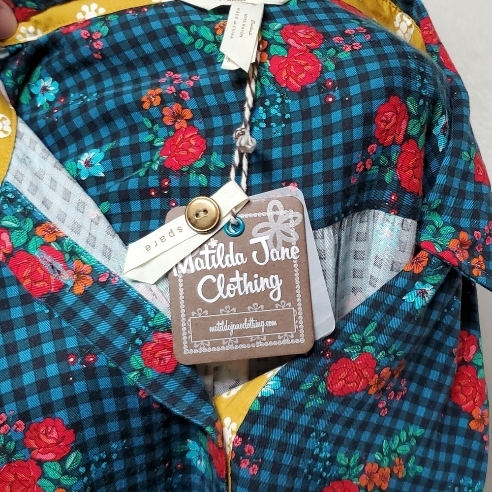 MATILDA Jane Fa La La Blue Plaid Red Rose Floral Button Up Midi Dress XS - Picture 13 of 14